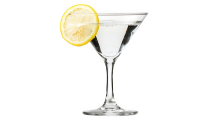 Crystal clear cocktail in a classic martini glass garnished with a bright yellow lemon slice resting elegantly on the rim on transparent background