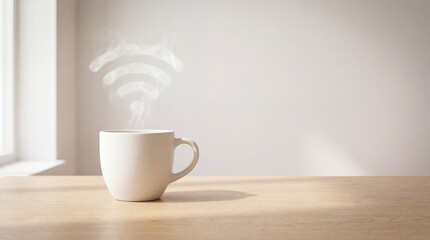 Steaming white coffee mug on wooden table with WiFi symbol rising