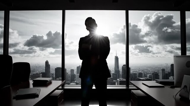 Silhouette of a businessman in a suit standing in a modern highrise office with a dramatic city view and cloudy sky background