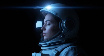 Astronaut in white spacesuit with helmet and headlamp floating in darkness