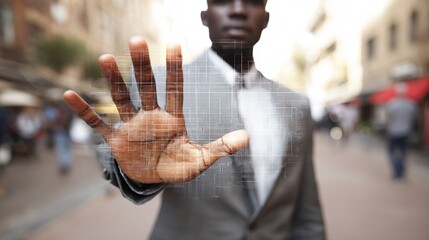businessman showcasing cuttingedge technology interface for automated customer service and data analysis symbolizing advanced digital solutions and innovative business strategies