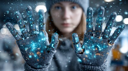 a person using advanced technology to communicate with virtual assistants and access vast amounts of data