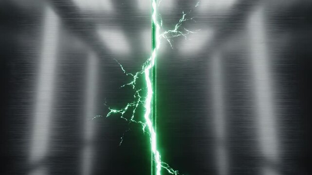 A green lightning bolt runs down the center of an elevators metallic interior walls