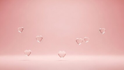 Floating transparent glass hearts reflecting light gently on smooth pink studio background minimalist romantic design element