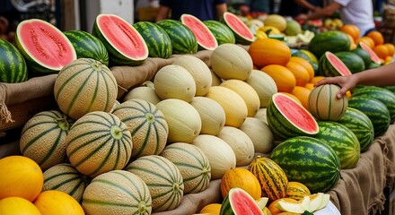 Abundant summer melons and watermelons piled high on a market stall display