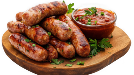 A delicious platter of perfectly grilled savory sausages served with a side of rich tomato dipping sauce and garnished with fresh parsley on transparent background