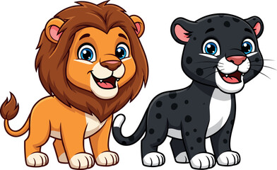 Cute Cartoon Lion Cub and Black Panther Characters Standing Together, Happy Baby Wild Cat Mascot Vector Illustration for Kids.