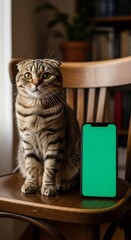 Curious domestic feline with folded ears sits beside a modern communication device displaying a blank screen.