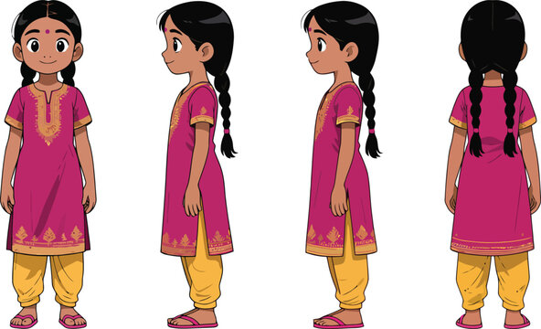 Young Indian Girl Character Turnaround in Traditional Salwar Kameez &ndash; Front, Side, Back Views