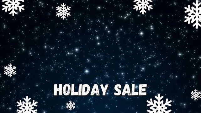 Blue snow falling holiday sale banner background with sparkling winter bokeh stars and white snowflake border and bold text for christmas new year discount promotion social media ad website header