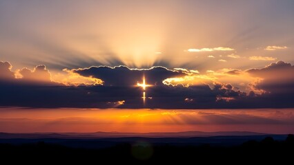 Heavenly Sunset with Radiant Sun Rays and a Cross of Light Through Clouds