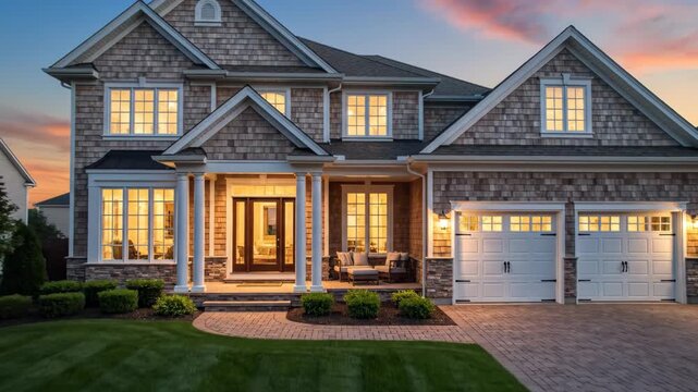 Luxury suburban home exterior with cedar shake siding and illuminated windows at dusk with a manicured lawn and paver driveway