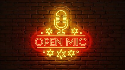 Glowing Neon Light Sign 'OPEN MIC' with Microphone Icon on Dark Brick Wall Background