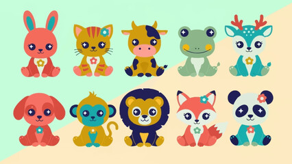 Obraz premium Colorful cartoon animal characters illustration set.