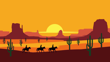 Cowboys riding horses through desert landscape at sunset.