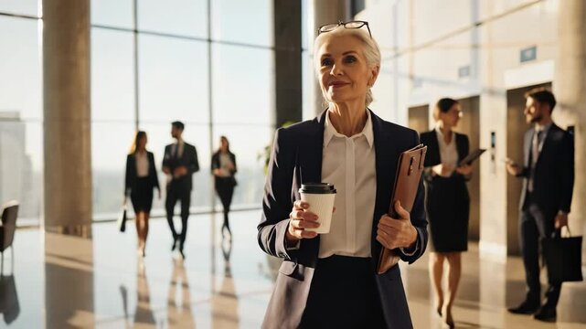 Confident senior businesswoman with gray hair walks through a modern office lobby holding a coffee cup and folder