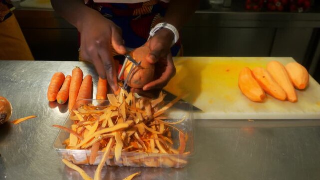 Young african chef in professional attire uses a Y-peeler to remove the skin from orange-fleshed yams, scientifically known as Ipomoea batatas for traditional soup preparation.