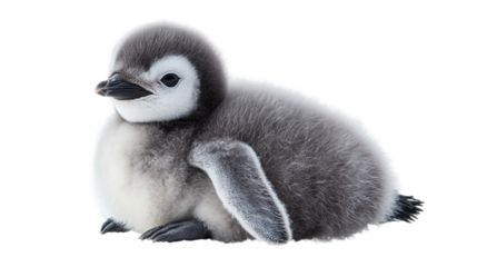 Adorable fluffy grey and white emperor penguin chick sitting down looking curiously towards the viewer with its dark eyes on transparent background