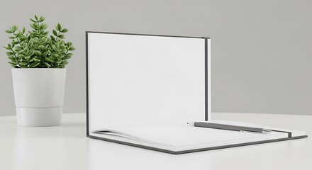 Open blank notebook with a pen rests beside a small potted green plant on a light surface