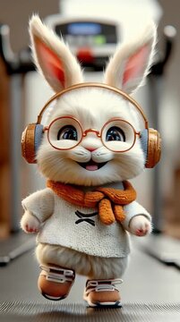Un adorable conejo con estilo hace ejercicio en una cinta de correr.