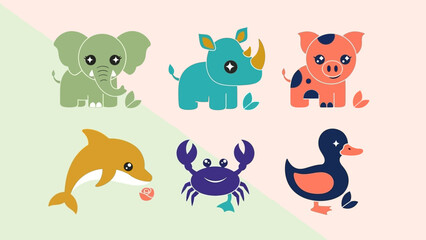 Colorful cartoon animals illustration set on pastel background.