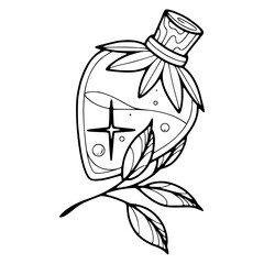 mystical potion bottle wrapped in herbal leaves outline vector