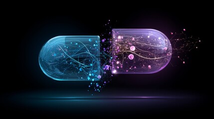 Futuristic Medicine Pill with Digital Neural Network Visualization