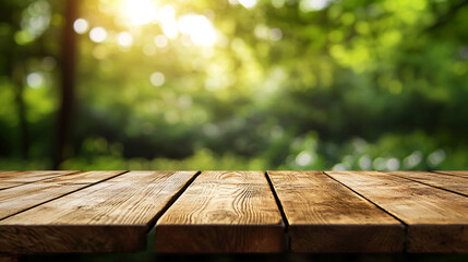 A rustic wooden table sits in dappled sunlight in a lush green forest, inviting outdoorsy, peaceful vibes. Perfect for nature, travel, wellness, and lifestyle scenes showcasing outdoor meals