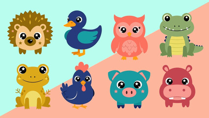 Obraz premium Cartoon animals including hedgehog, duck, and pig on pastel background.