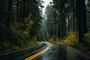 Fototapeta premium Winding Road Through Misty Forest in Rainy Season