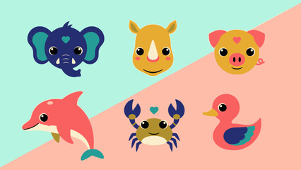 Collection of cartoon animal faces on pastel background.