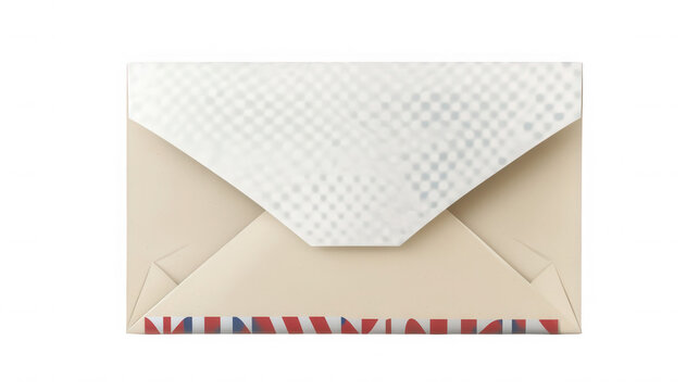 Sealed cream colored business envelope featuring subtle watermark security pattern and prominent red white and blue border strip design on transparent background