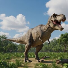Fototapeta premium A rendered Tyrannosaurus Rex in a natural setting, open mouth, trees, sky with clouds