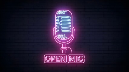 Neon Light Vintage Microphone Sign with 'OPEN MIC' Text on Dark Brick Wall Background