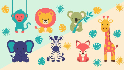 Colorful cartoon animals playing and surrounded by leaves.