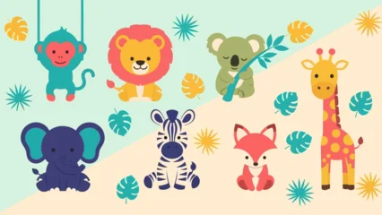 Wandcirkels Dierentuin Colorful cartoon animals playing and surrounded by leaves.  © Abhinaya Project