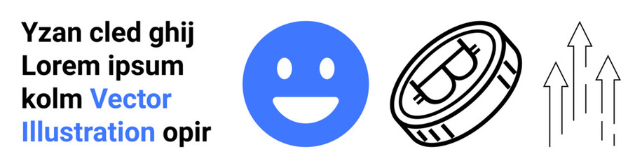 Fototapeta premium Cryptocurrency, financial growth, blockchain, digital assets, market trends, economy. happy face, Bitcoin coin minimalist arrows pointing upward. Cryptocurrency and financial growth visual theme