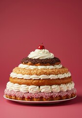 Decadent display of oversized bakery goods piled high with sweet frosting, rich cream, and sugary toppings, emphasizing high calorie count ,treats ,cake ,high calorie