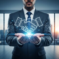 Professional holding glowing digital handshake symbol over cupped hands
