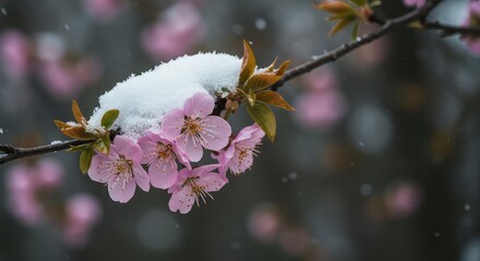 Delicate spring blossoms covered in a light layer of freshly fallen winter snow, showing the contrast of cold and ephemeral beauty in nature ,transition ,bloom ,delicate