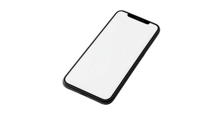 Black smartphone device tilted slightly with a blank white screen mockup ready for application interface display on transparent background