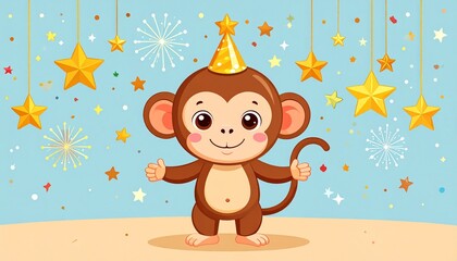 Cute cartoon monkey celebrating New Year, cheerful friendly expression, soft brown color palette, wearing a small party hat, surrounded by New Year ornaments such as golden confetti, hanging stars, sp