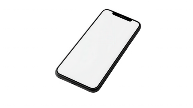 Black smartphone device tilted slightly with a blank white screen mockup ready for application interface display on transparent background - Powered by Adobe