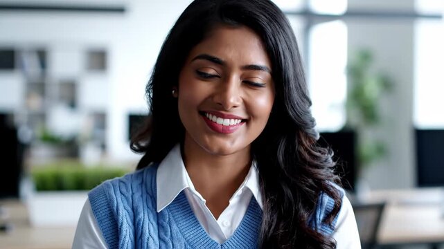 Closeup portrait of a smiling young indian businesswoman with dark hair wearing a blue sweater vest in a bright office setting