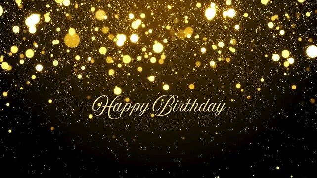 Fancy gold floating glitter happy birthday greeting background with shimmering bokeh lights sparkling confetti particles and elegant luxury celebration atmosphere for party invitation