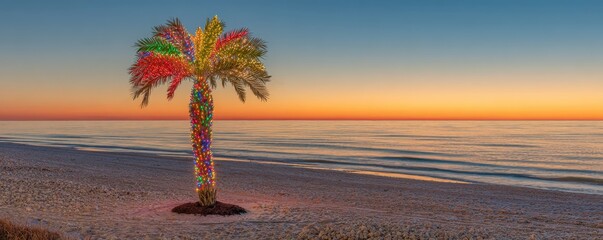 A vibrant palm tree decorated with colorful lights stands on a serene beach at sunset, reflecting warm hues on the calm ocean.