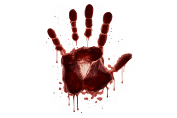 Bloody handprint on transparent background representing crime, horror, murder, violence and danger concept
