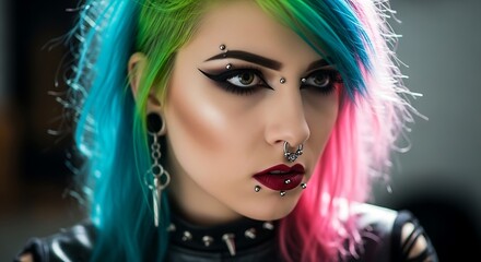 Striking portrait of a young individual featuring vibrant hair and extensive facial piercings