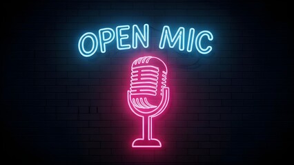 Open Mic Neon Sign Illustration with Blue Text and Pink Microphone on Dark Brick Background