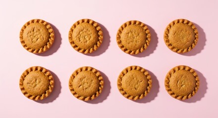 Eight small baked pastries are precisely aligned on a light pink surface.